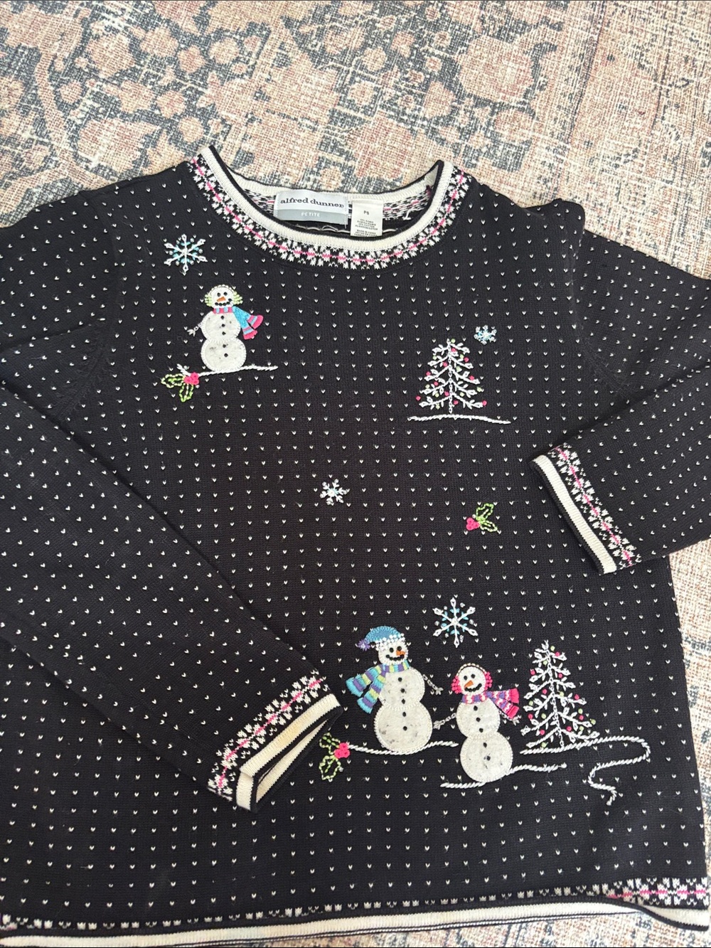 Alfred Dunner Black Knit Snowman & Tree Embroidered Sweater